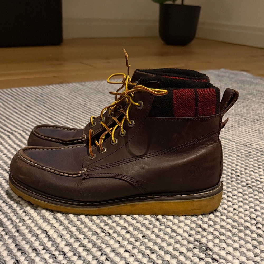 Wolverine Dark Brown Leather Boots with Red Plaid Accent